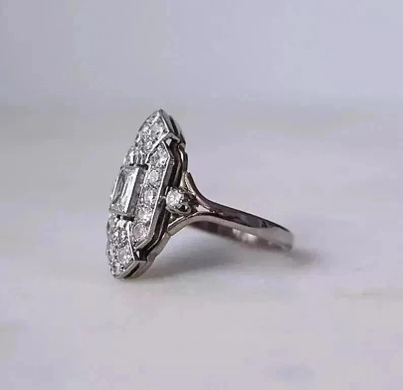 Art Deco Vintage Style Lab Created Diamond Engagement 14K White Gold Finish Ring