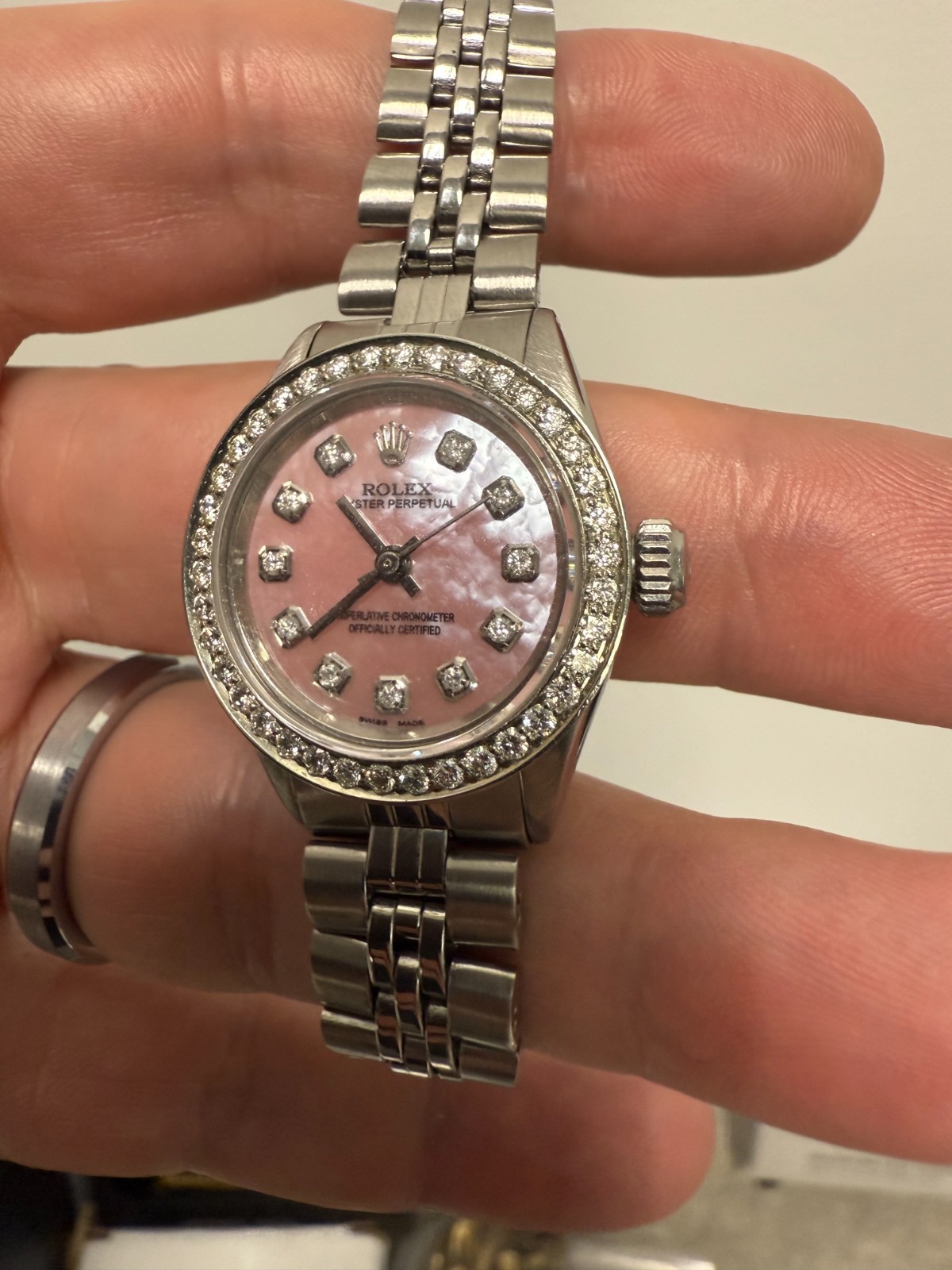 Rolex Ladies Oyster Perpetual Pink MOP Diamond Dial Diamond Bezel Jubilee Band