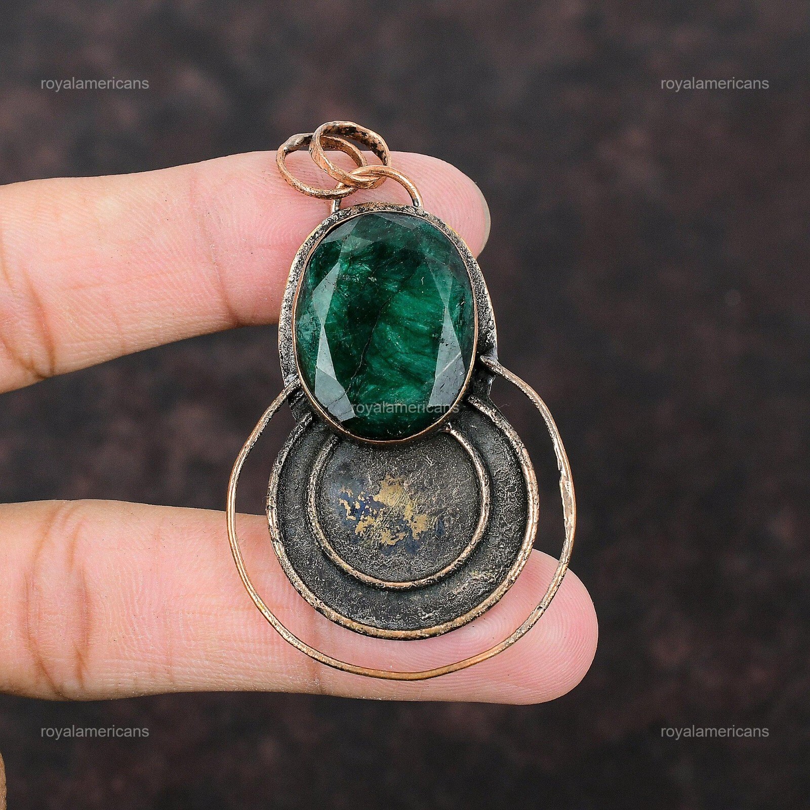Valentines Sale Oval Zambian Emrald Stone Daughter Twisted Bezel Pendant Copper