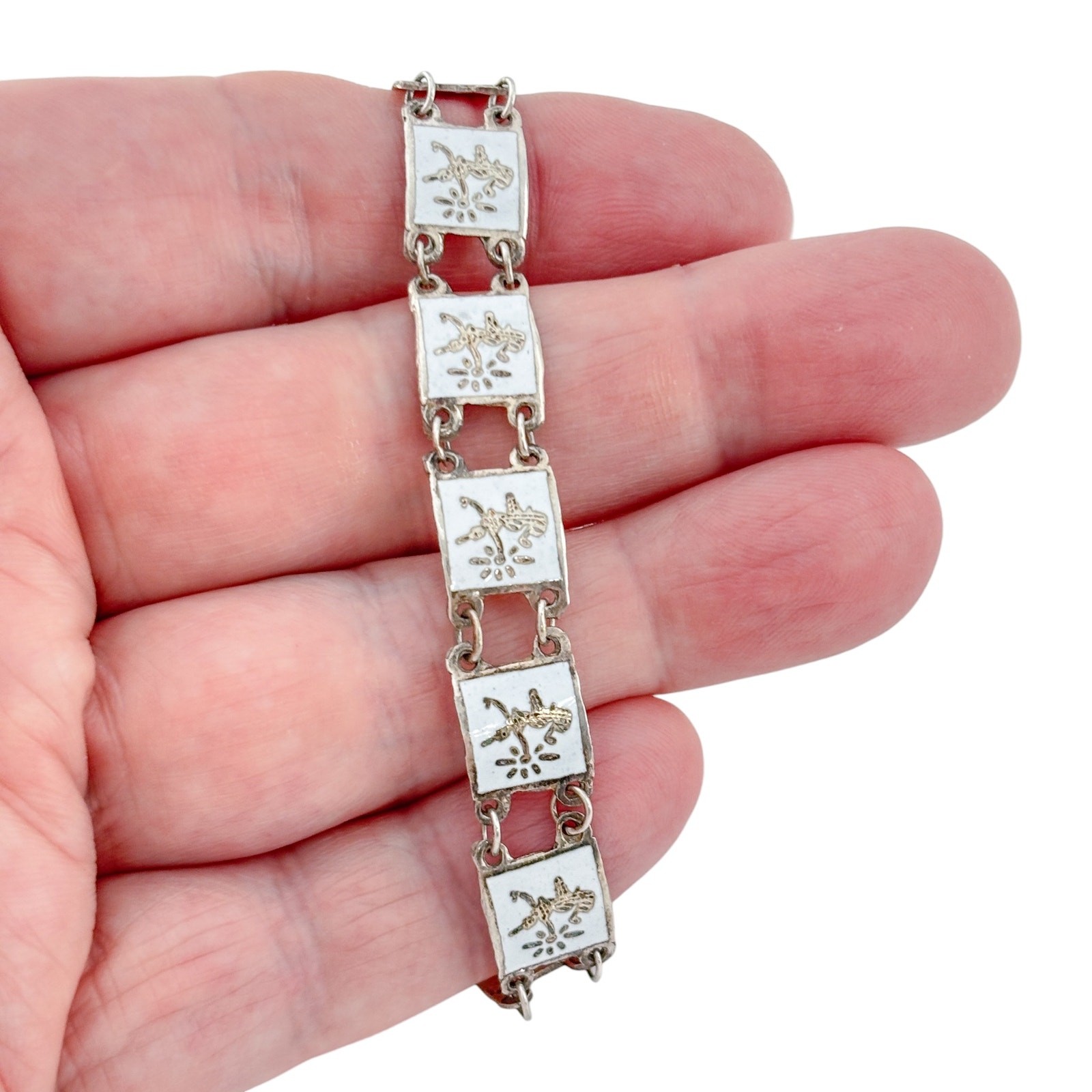 Vintage Sterling Silver 925 White Niello Siam Dancer Link Bracelet 7.25″