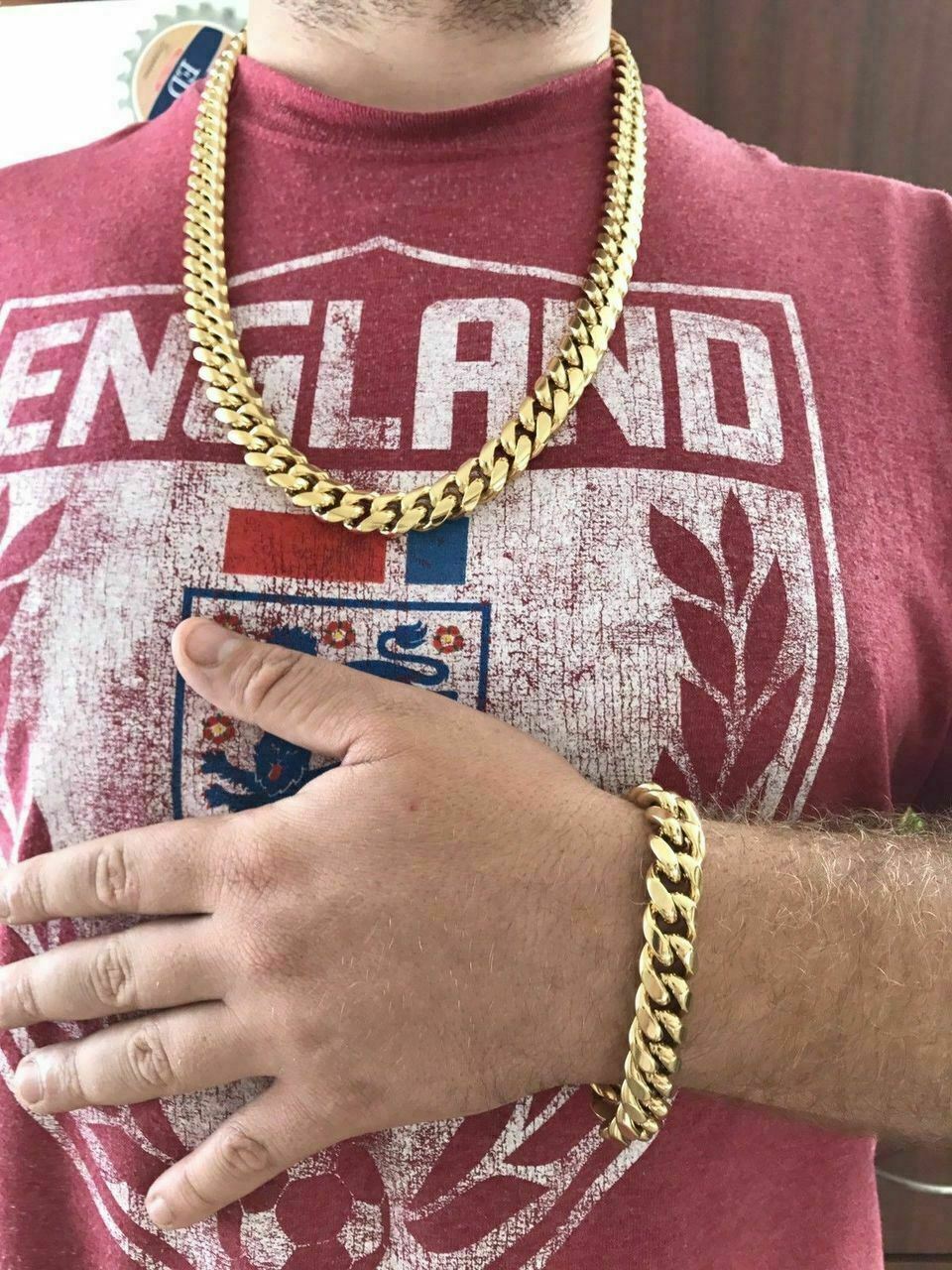 14mm Men’s Miami Cuban Link Bracelet & Chain Set 18k Gold Plated Stainless Steel
