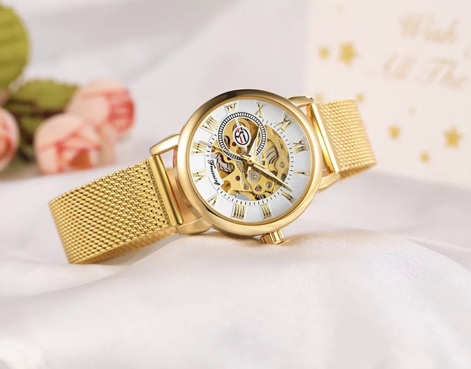 Forsining Womens Automatic Transparent Skeleton Luxury Watch Mesh Band Gift Idea