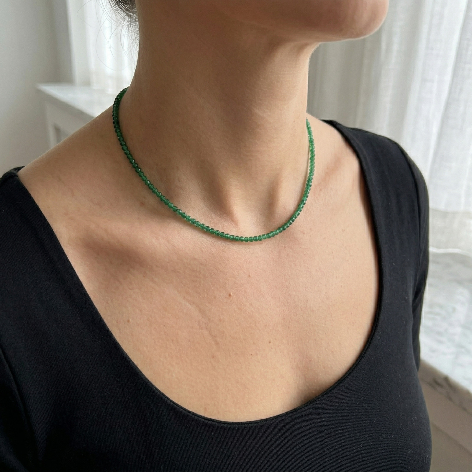 Green Emerald 2mm Beaded Crystal Choker Healing Dainty Minimalist Necklace