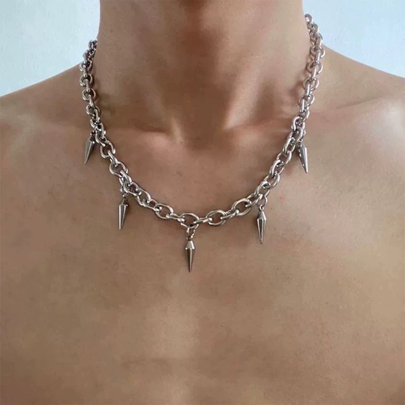 Stainless Spike Bullet Pendant Oval Link Choker Unisex Adjustable Necklace