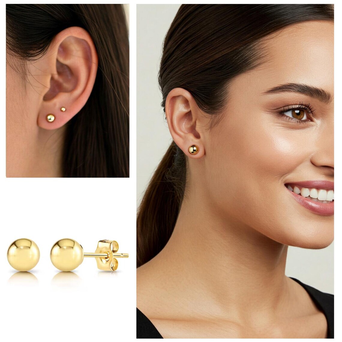 14K Yellow Gold Round Ball Bead Sleeper Studs Earrings Push-back 3mm-8mm
