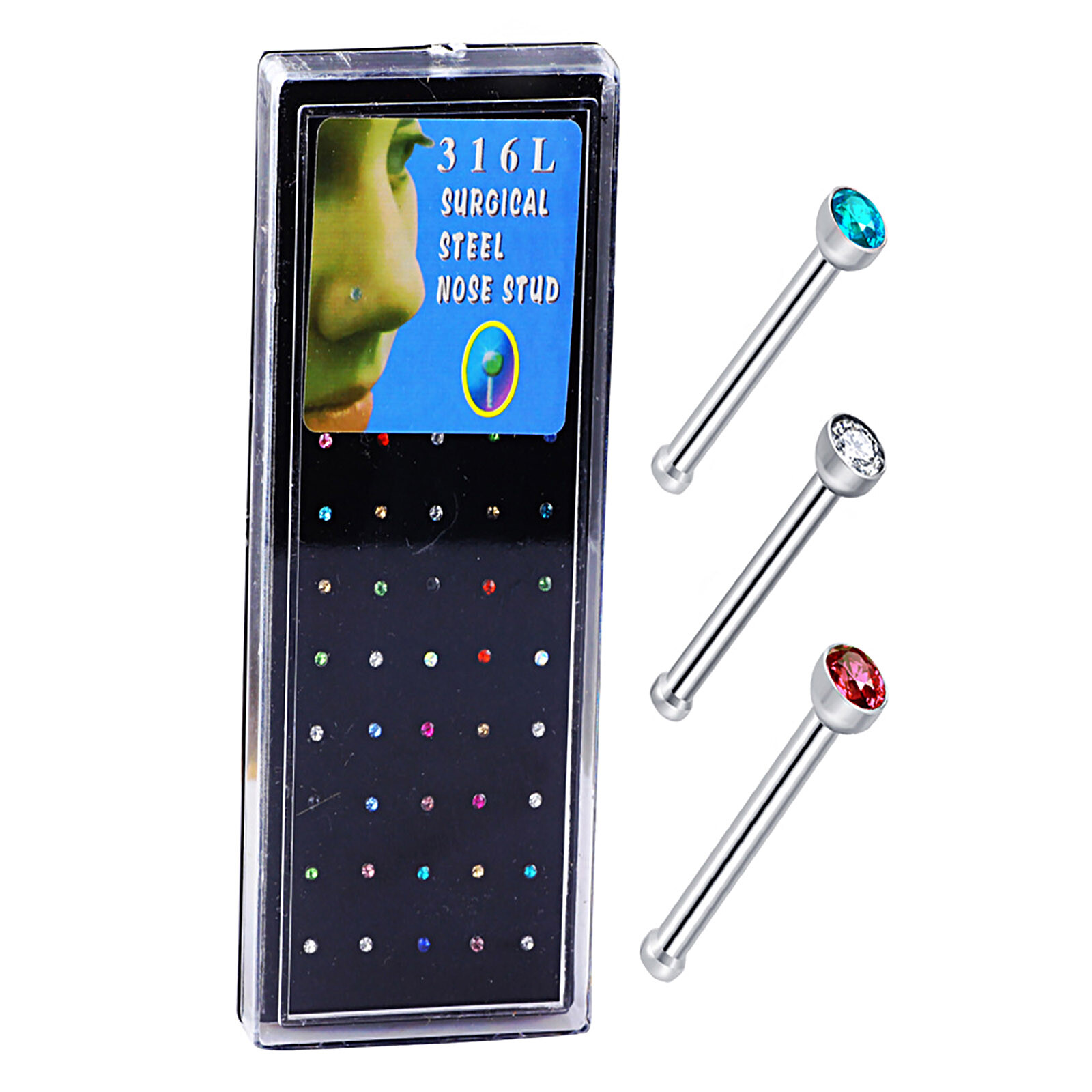 200pcs Surgical Steel Nose Studs Rings Multicolor Crystal Straight Bone Stud 20G
