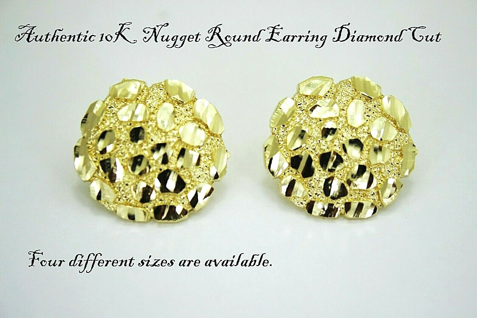 10K Gold Authentic Nugget Round Diamond Cut Stud Earrings for Men Women 4 Sizes