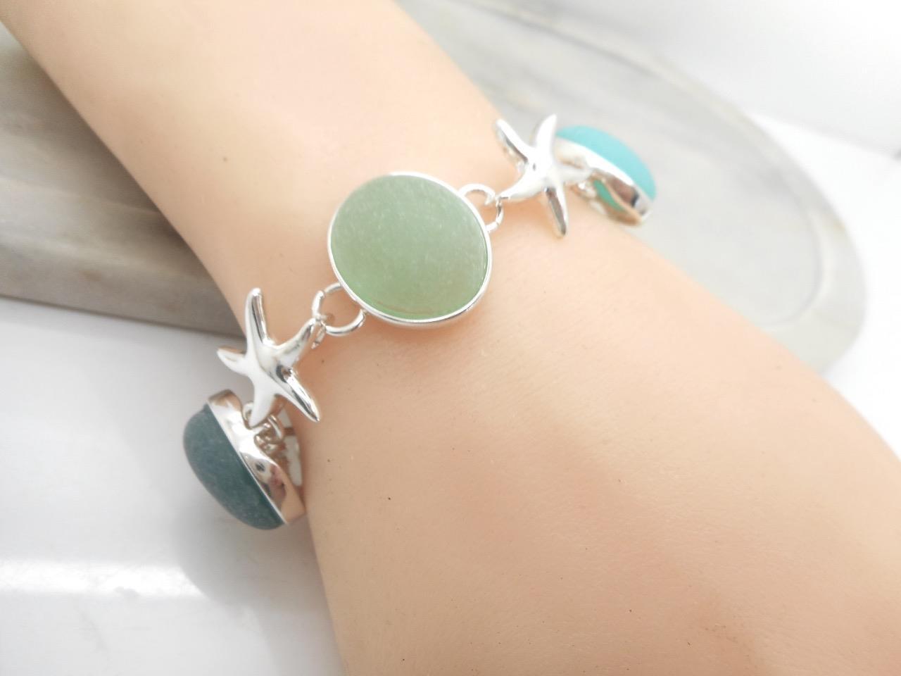 Bohemian Starfish Sea Glass Bracelet Beach Theme NEW Magnetic