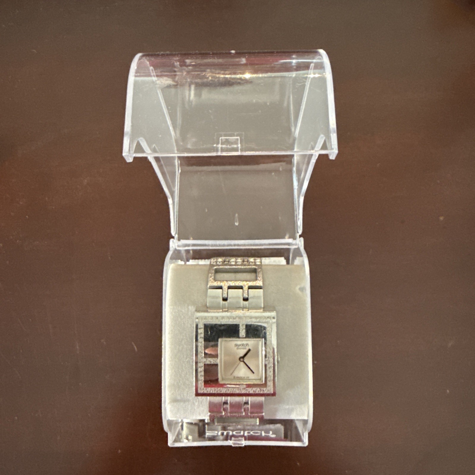 Swatch YUS100G Square Mirror Time Swiss Quartz Womens Watch with Box and Papers