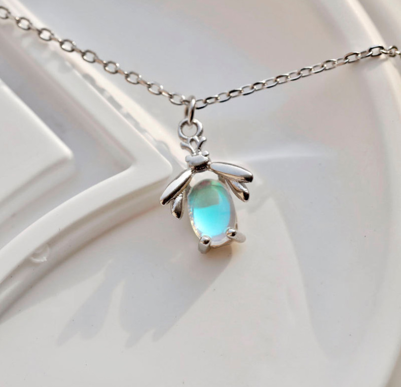 S925 Sterling Silver Moonstone Flying Firefly Pendant Necklaces