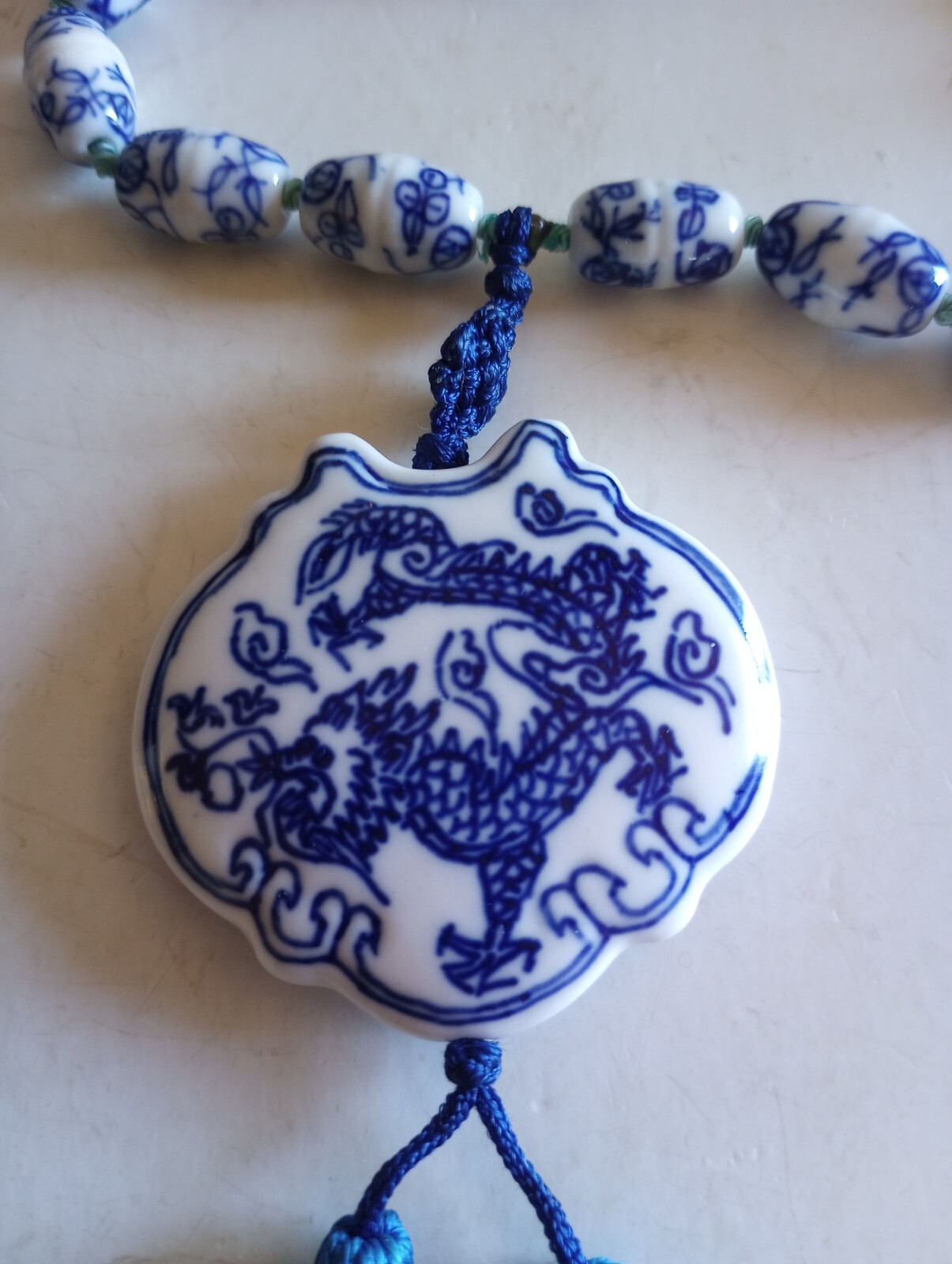 VINTAGE CHINESE PORCELAIN PAINTED FLOWERS DRAGON PENDANT 28 “SILK KNOTTED