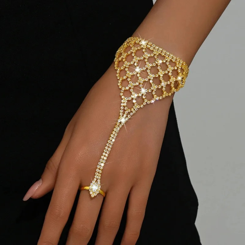 Sparkly Full Zircon Mesh Hand Chain Bracelet Fashion Link Ring Jewelry for Women
