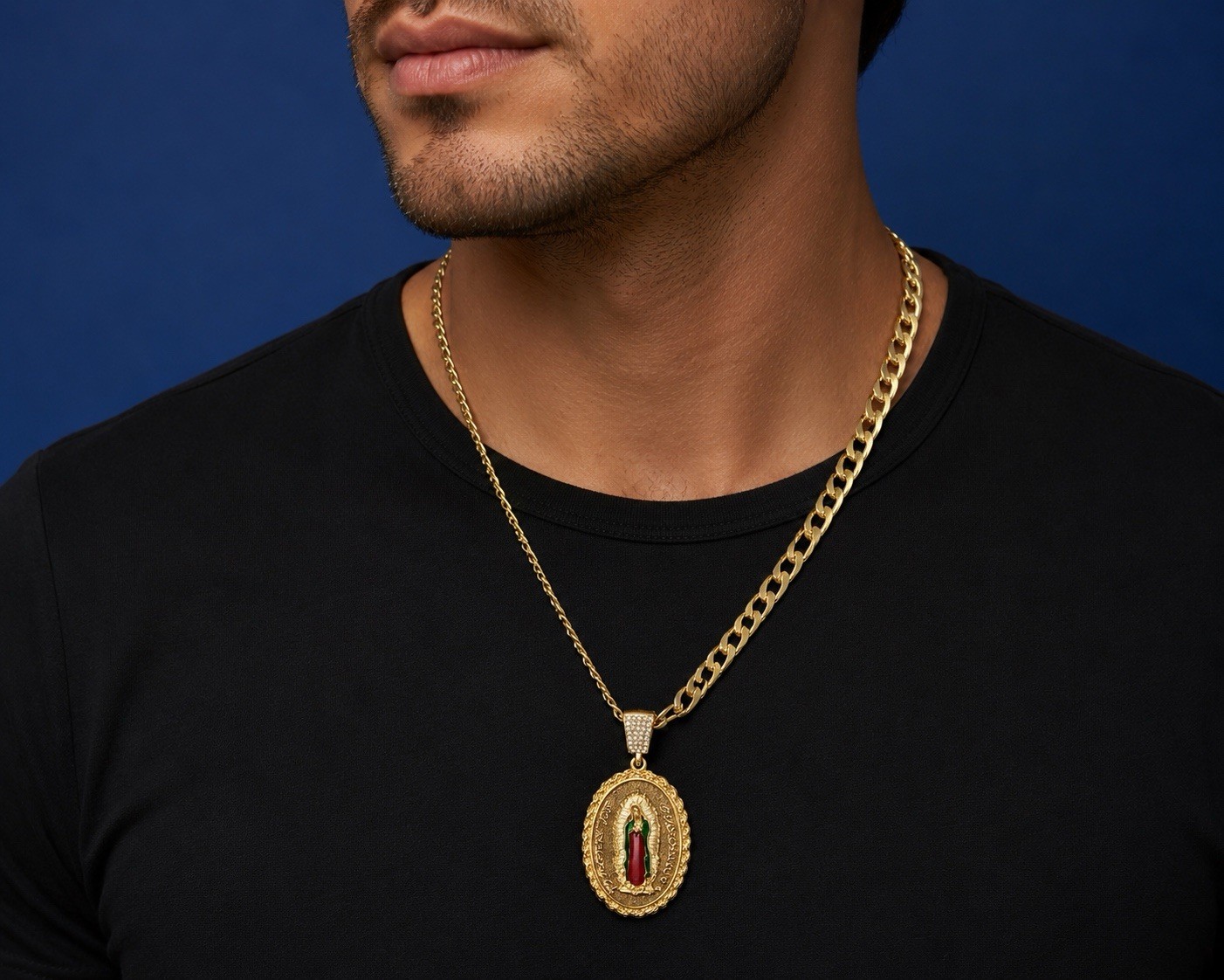 Gold Plated none tarnished Cuban Link Oval Medal Religious Pendant Necklace