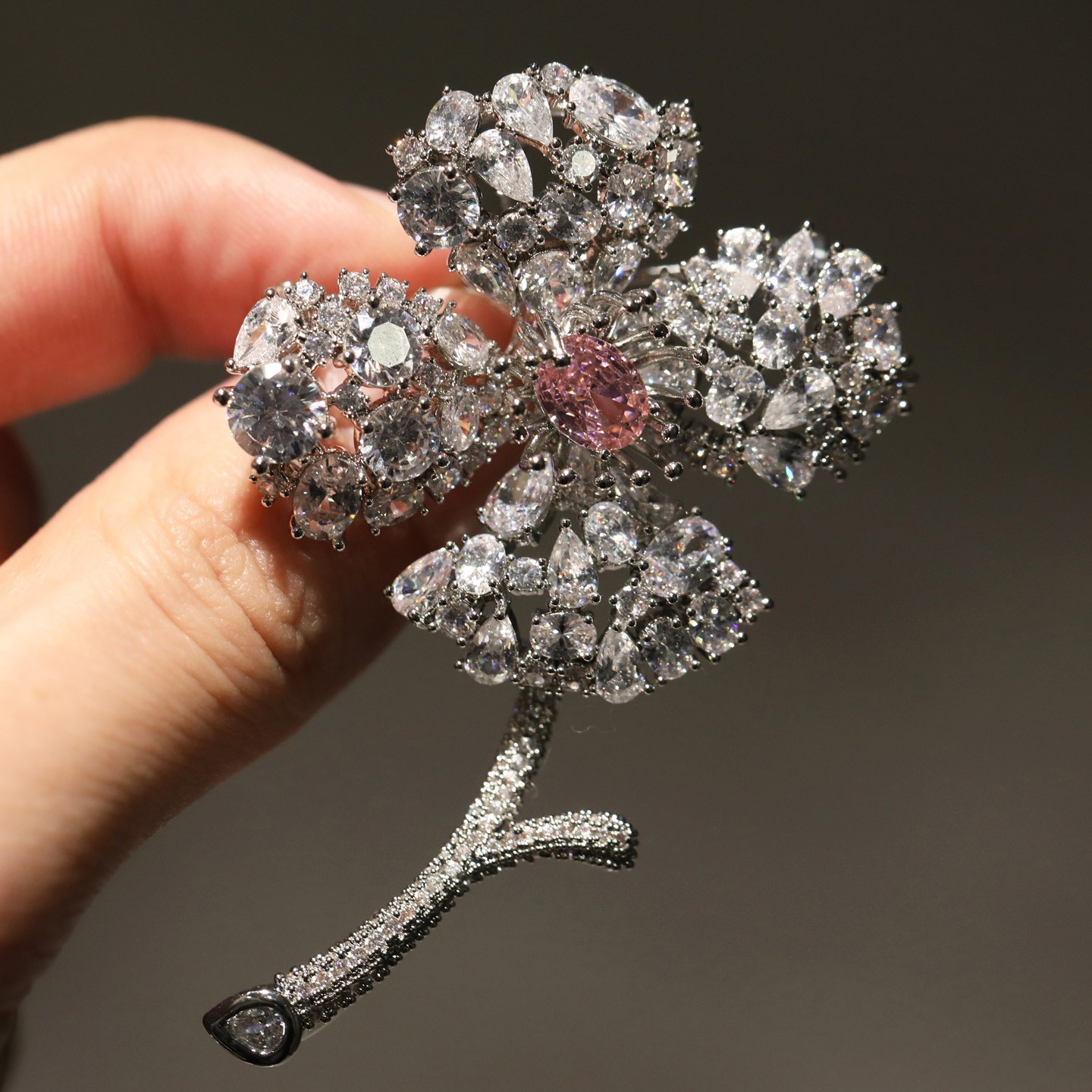 18K Silver Plated Four Leaf Clover Brooch Pink Zircon Center Full Pave Crystal