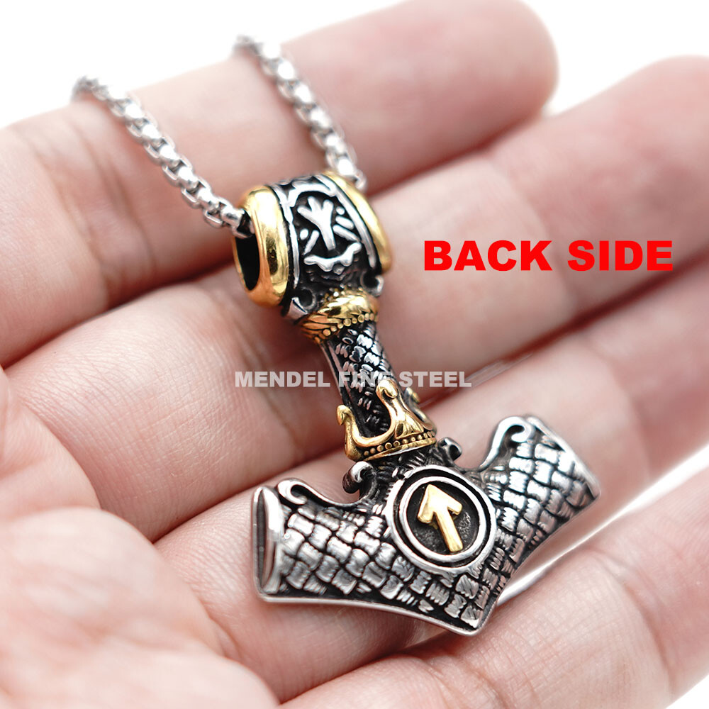 MENDEL Mens Gold Plated Viking Thors Hammer Valknut Mjolnir Pendant Necklace Men