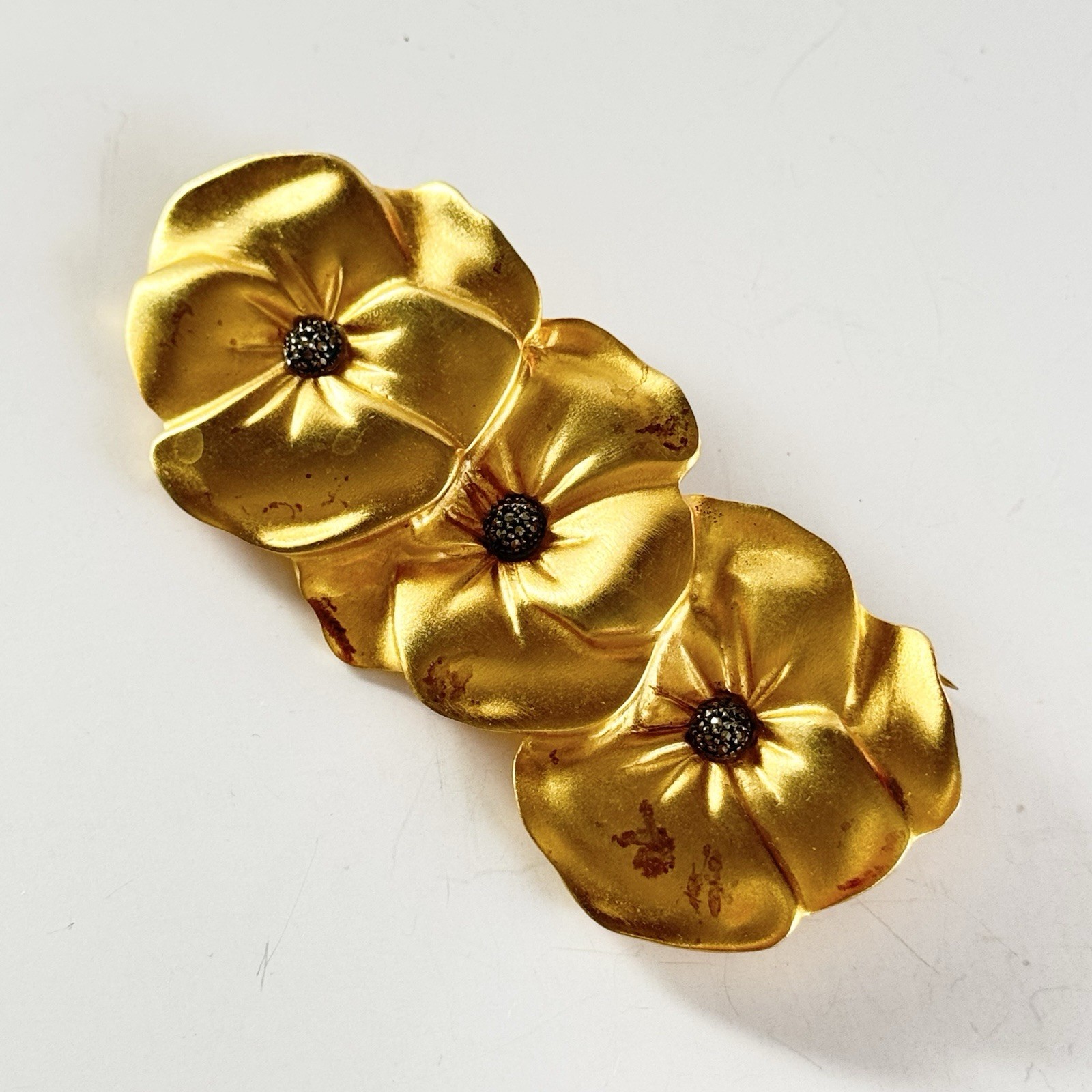 Vintage Judith Jack 80s/90s Satin Brushed Gold Tone Trio Pansy Flower Brooch HTF