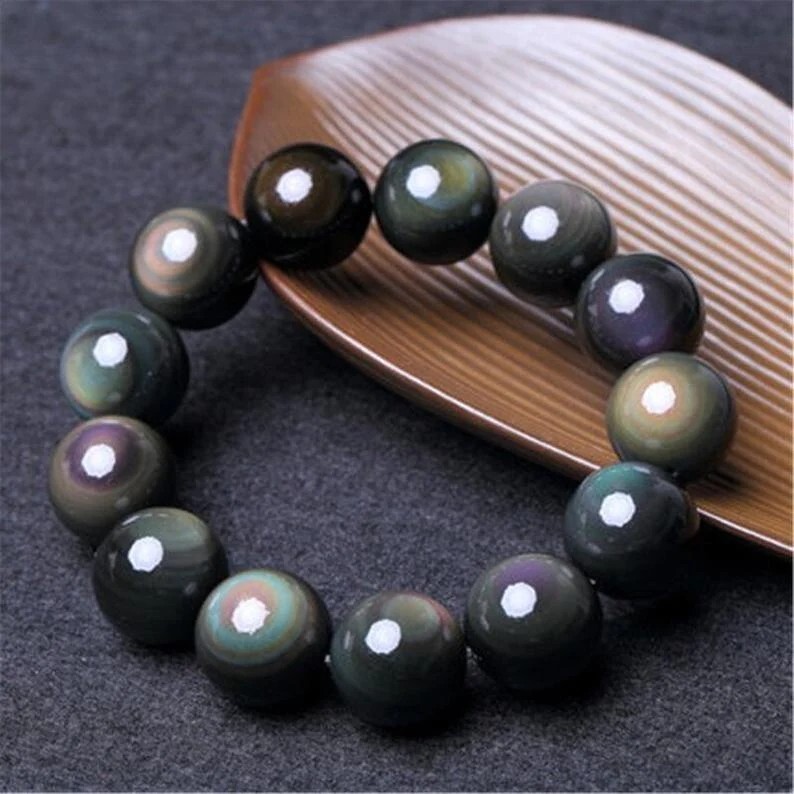 10MM Beaded Handmade Balance Bracelet Round Rainbow Obsidian Beads Healing Reiki