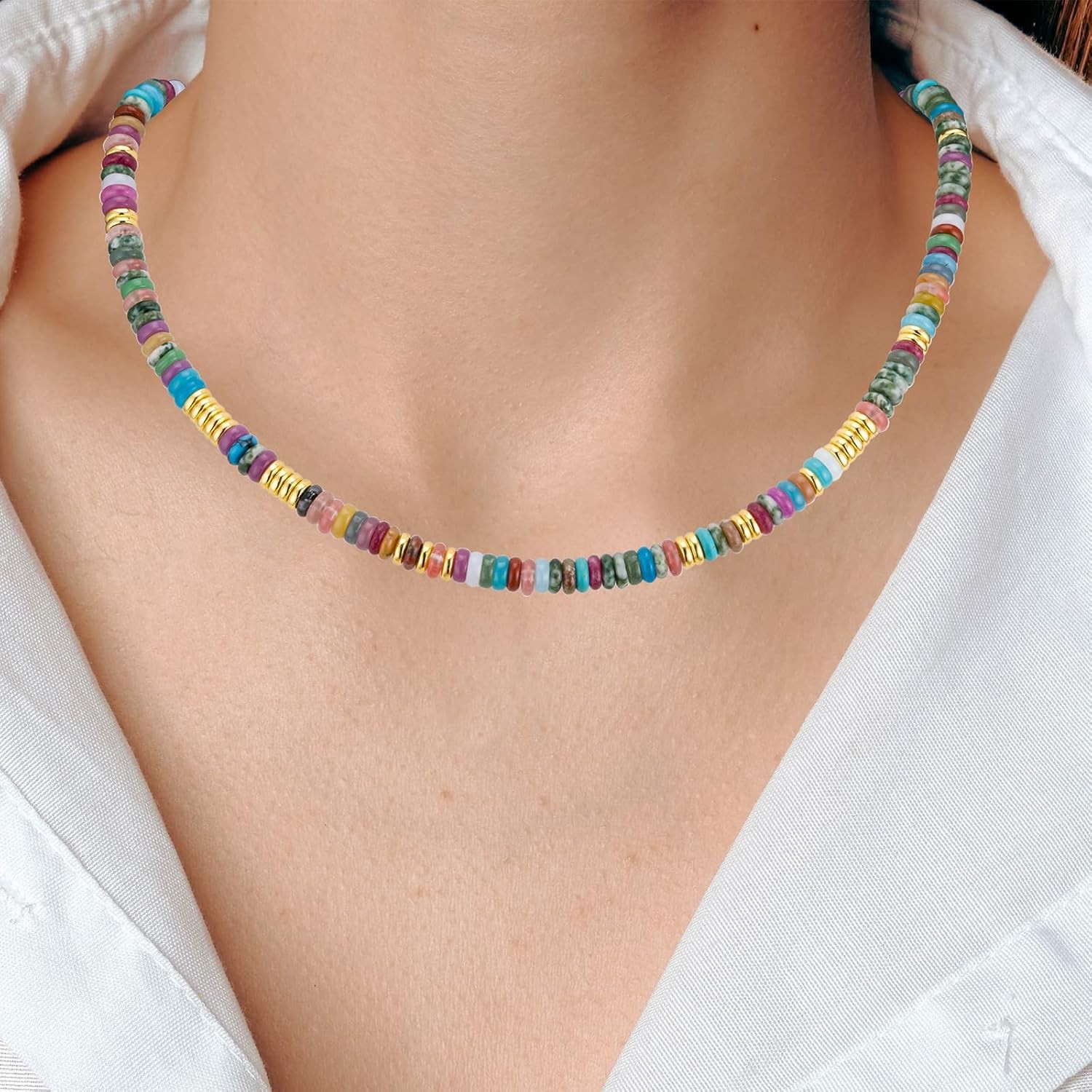 Boho Beaded Necklace for Women, Colorful Natural Stone Choker Necklace, 6MM
