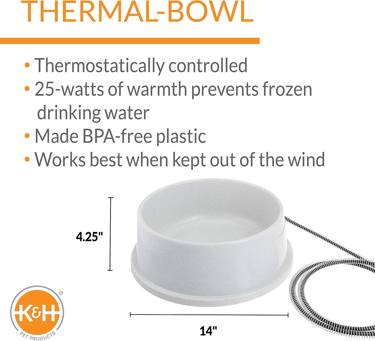 K&H Pet Products Thermal-Bowl Outdoor Heated Cat & Dog Water Bowl Granite 1.5 Ga