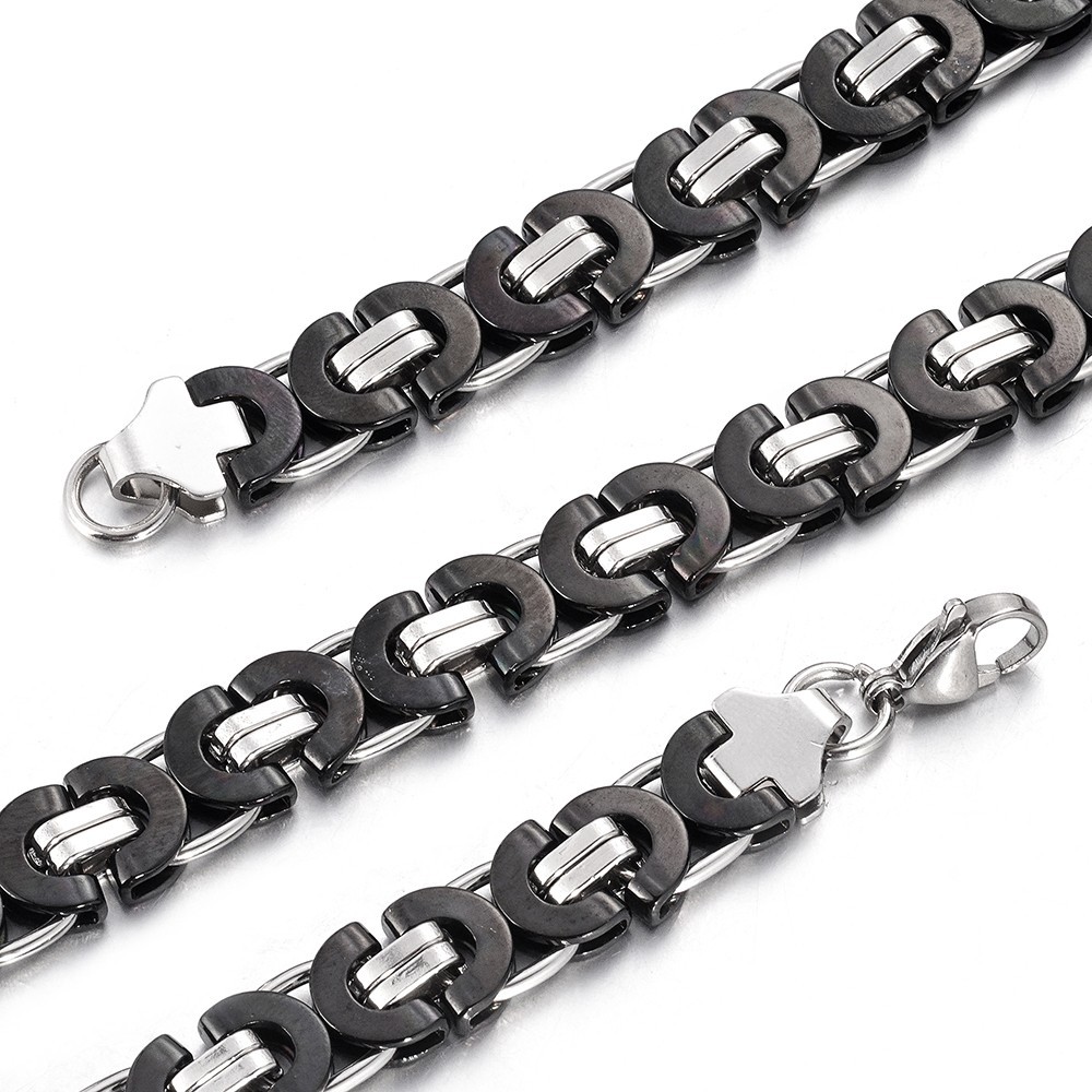 11mm Silver/Gold/Black Stainless Steel Flat Byzantine Box Chain Necklace 16″-40″
