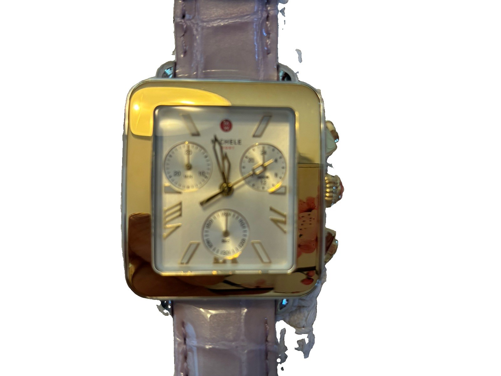 Ladies Gold Tone Watch By Michele With Lavender Leather Band