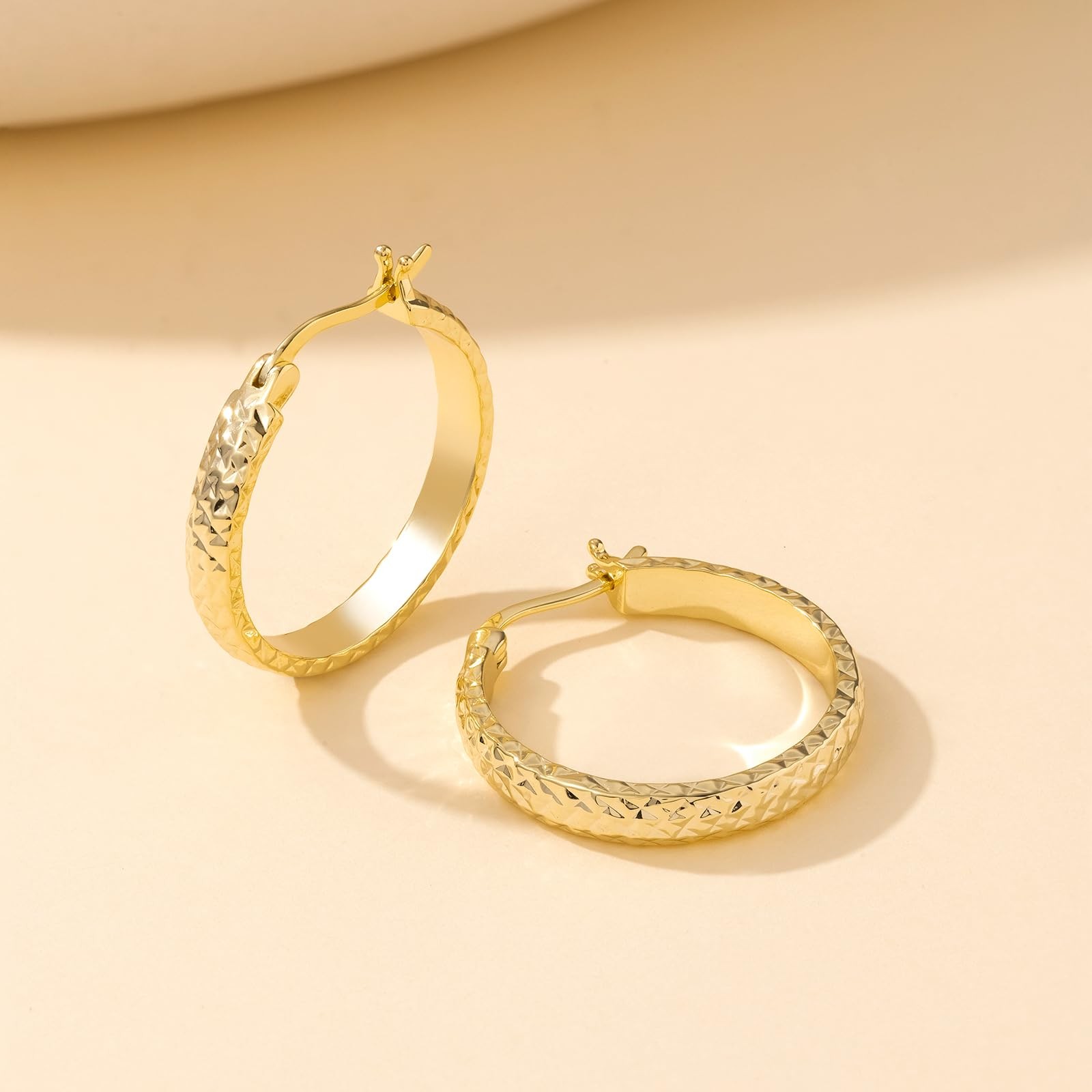 14K Yellow Gold Hoop Earrings for Women 4.4mm*25mm Trendy Diamond Cut Texture…