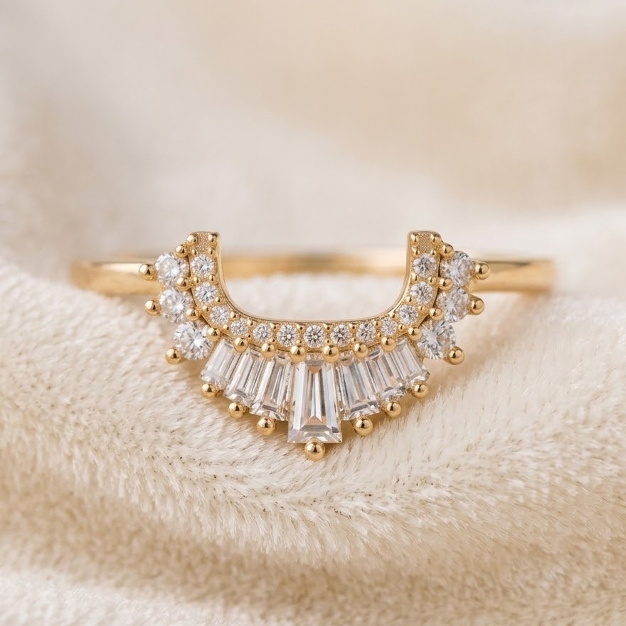 Tapered Baguette Moissanite Curved Band, Art Deco Stacking Ring, Promise Ring