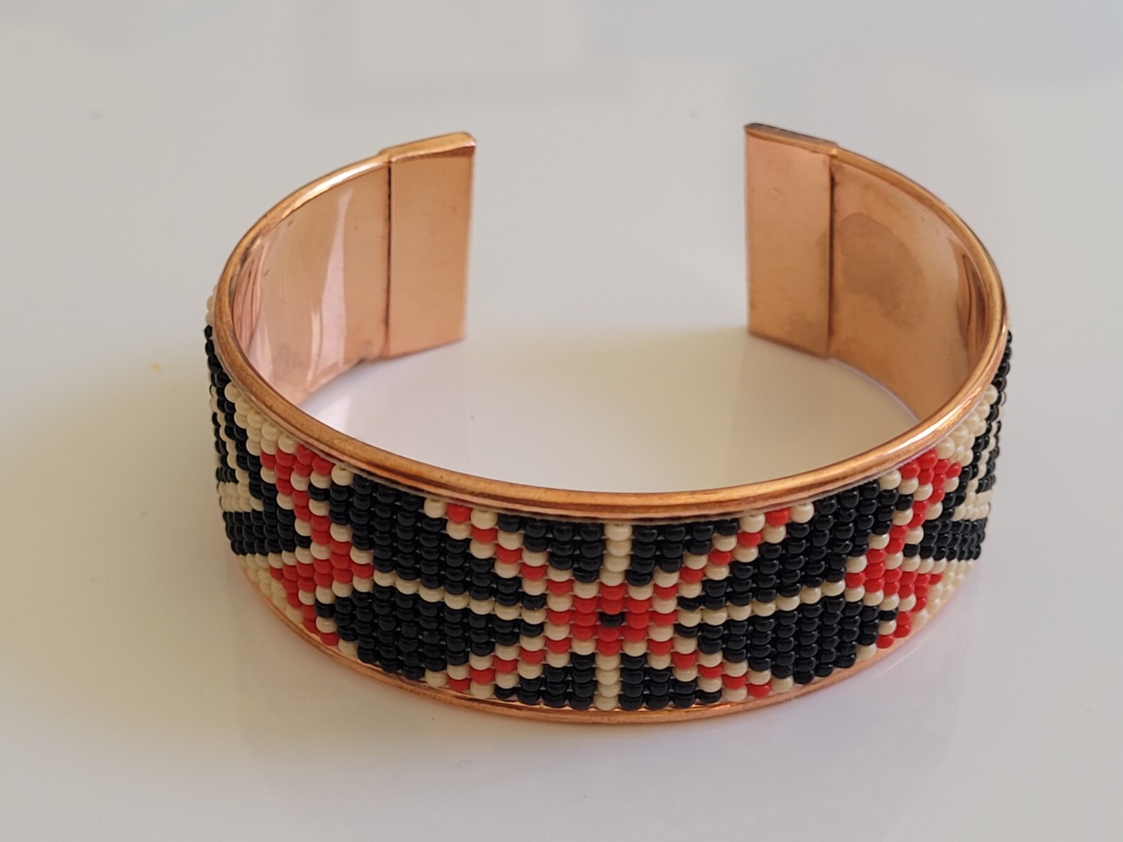 Native American Style Copper Seed Beaded Bracelet Cuff Black Red White