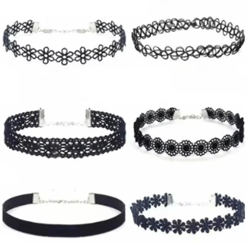 6pc Choker Necklace Set Black Velvet Classic Women Chain Collar Lace Stretchy