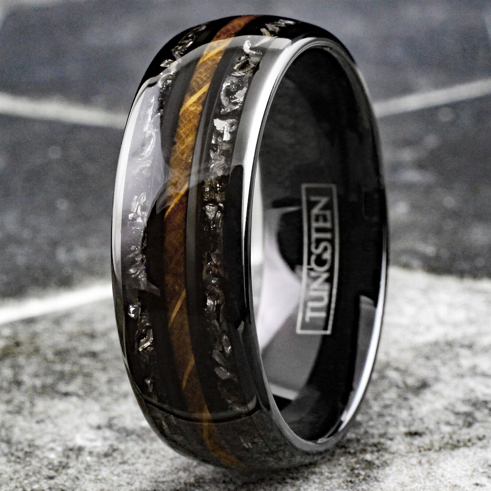 Black Tungsten Carbide Men’s Ring Whiskey Barrel Wood & Meteorite Wedding Band