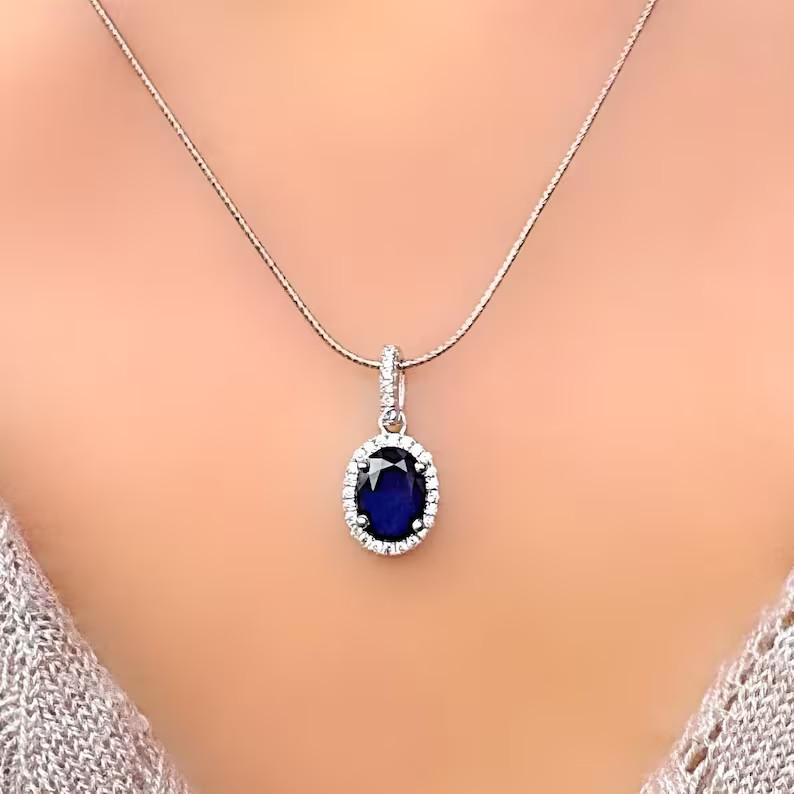 14K White Gold Plated Halo Charm Pendant 2.19Ct Oval Cut Simulated Blue Sapphire