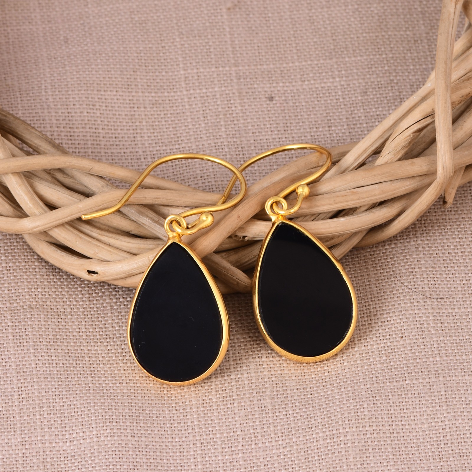 Black Onyx Teardrop Earrings Sterling Silver Gold Plated Gemstone Drop Jewelry
