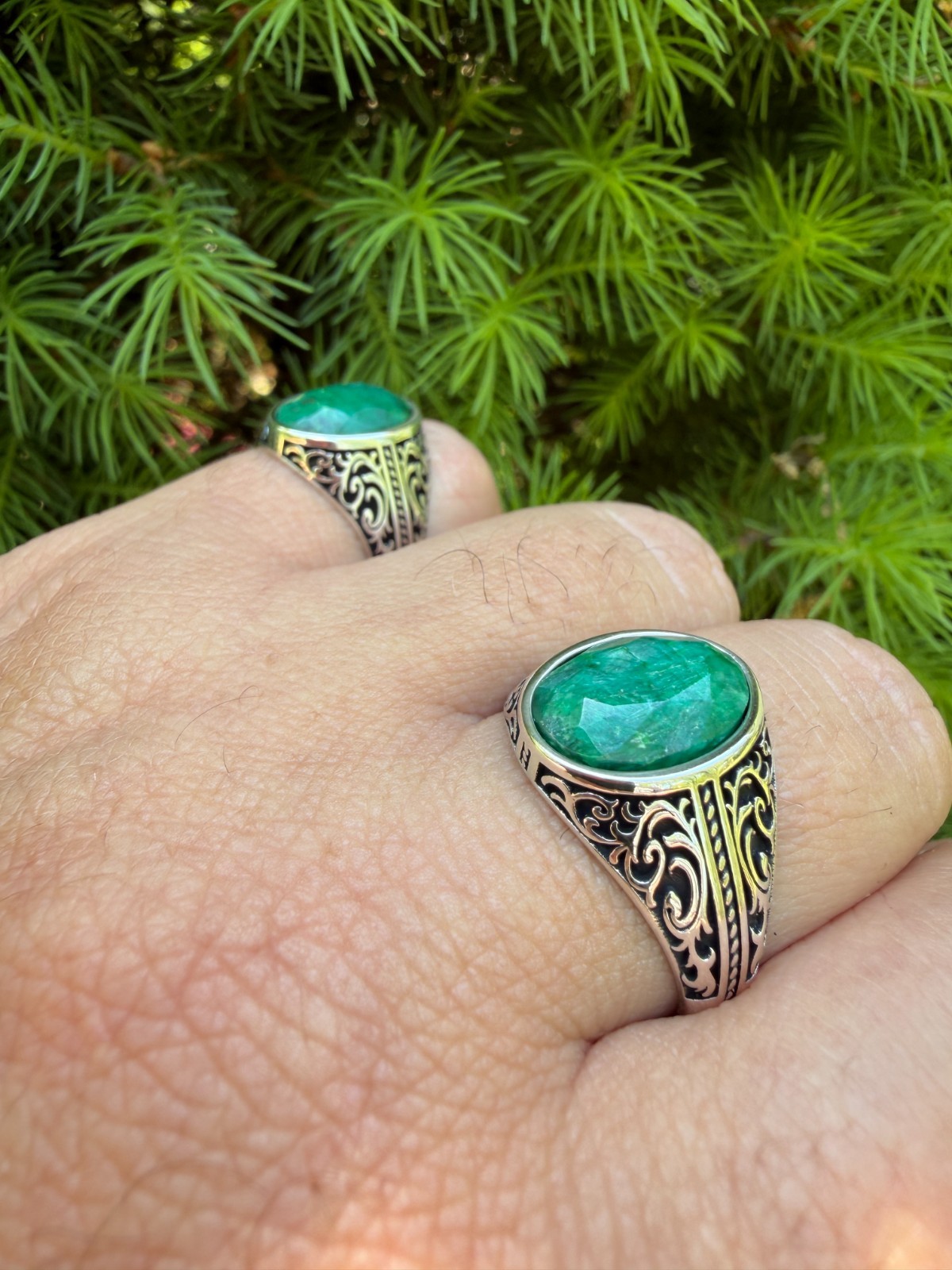 Real Columbian Green Emerald Stone Mens Solid 925 Silver Ring – Oxidized Vintage