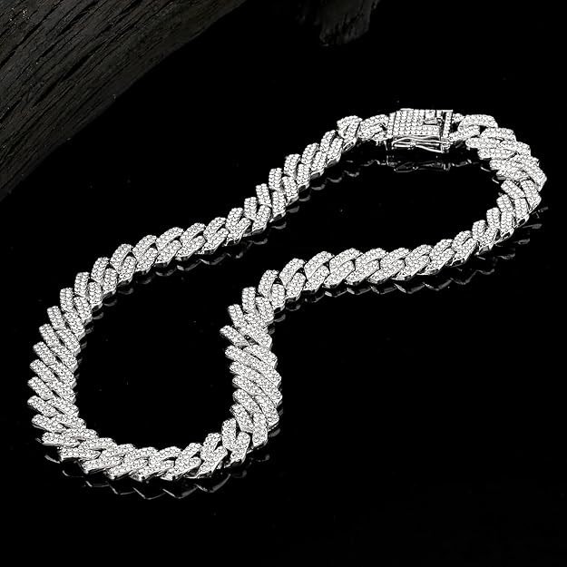 Cuban Link Chain Mens Iced Out Miami Cuban Necklace Silver Bling Diamond 20 Inch