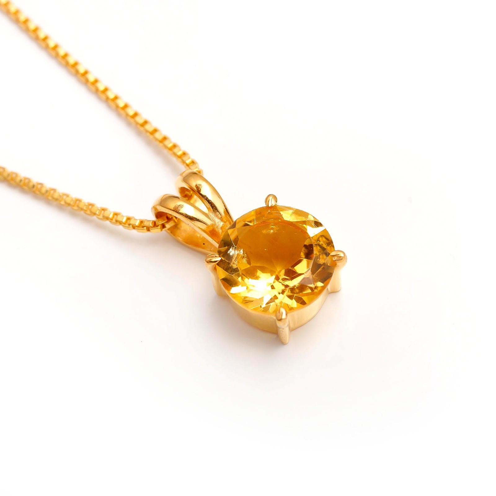 Natural Citrine Quartz Round Chain Pendant Gold Fill 925 Sterling Silver Jewelry