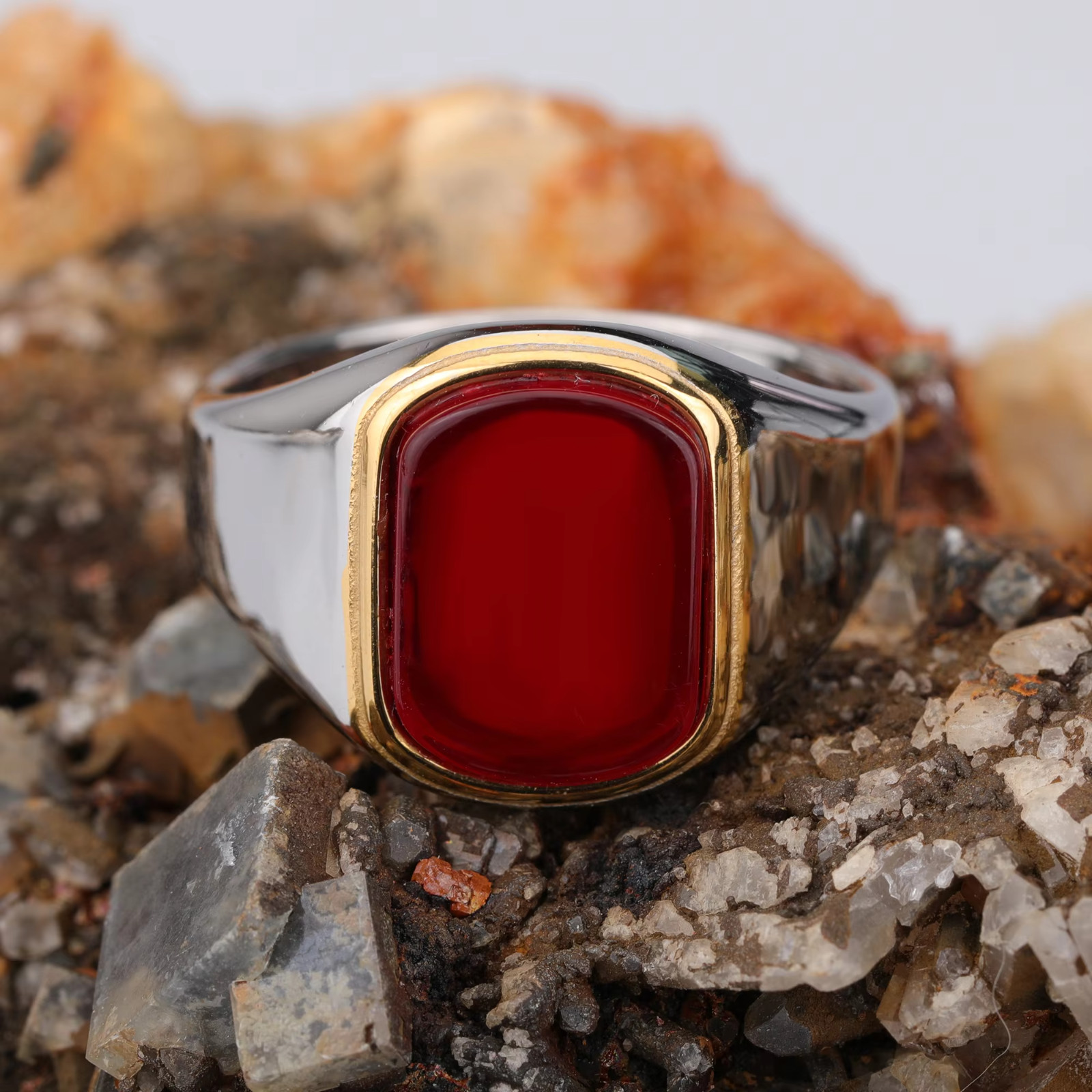 Men Ring High Quality 316L Stainless Steel Mix Gold Silver Red Stone Rectangle