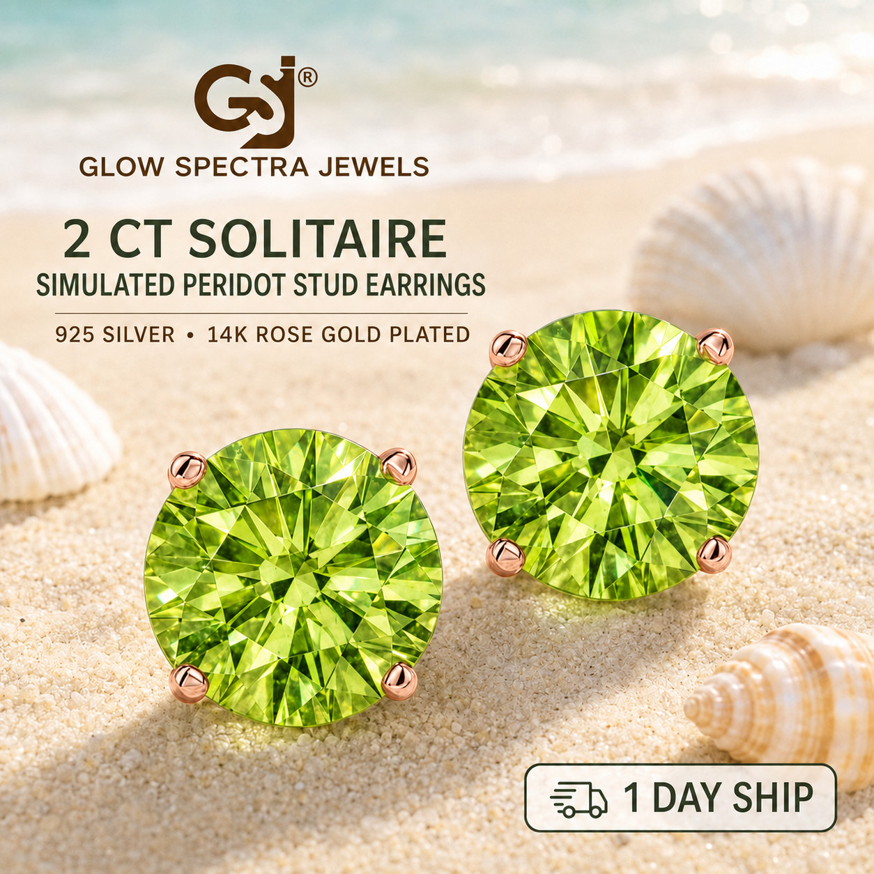 2.00CT Solitaire Green Peridot Stud Erring 925 Silver 14k Rose Gold Plated