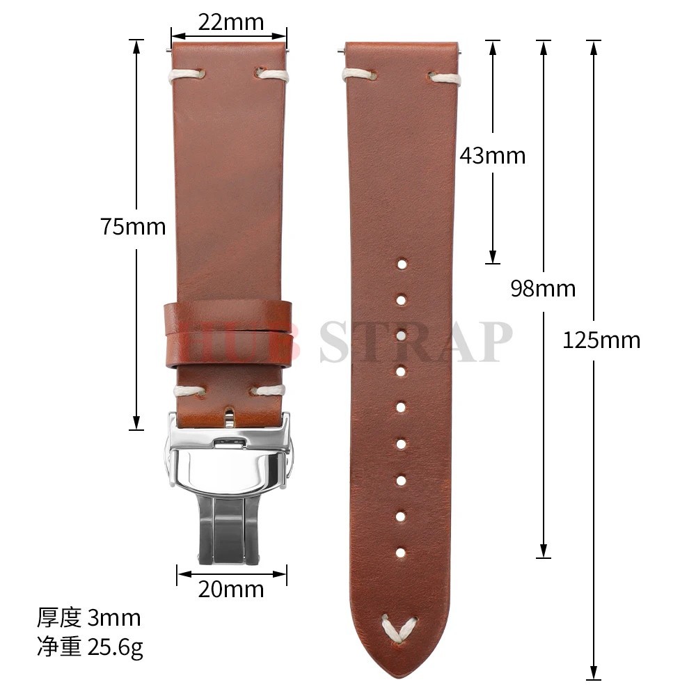 Genuine Leather Butterfly Buckle Watch Bands 18/20/22mm Waterproof Retro Oil Wax