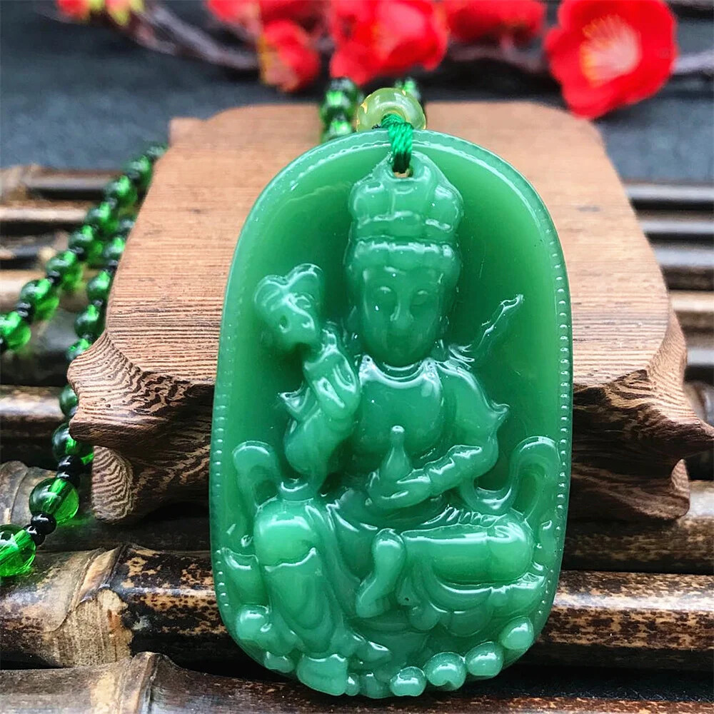 Green Jade Stone Hand-Carved Dragon Phoenix Jade Pendant Necklace ChineseAmulet