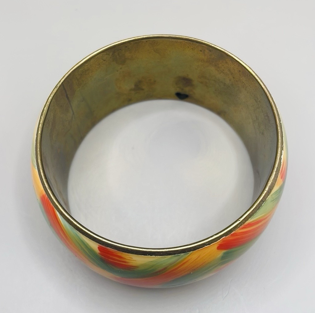 Vintage Gold Tone Green Orange Large Cuff Bangle Statement Bracelet