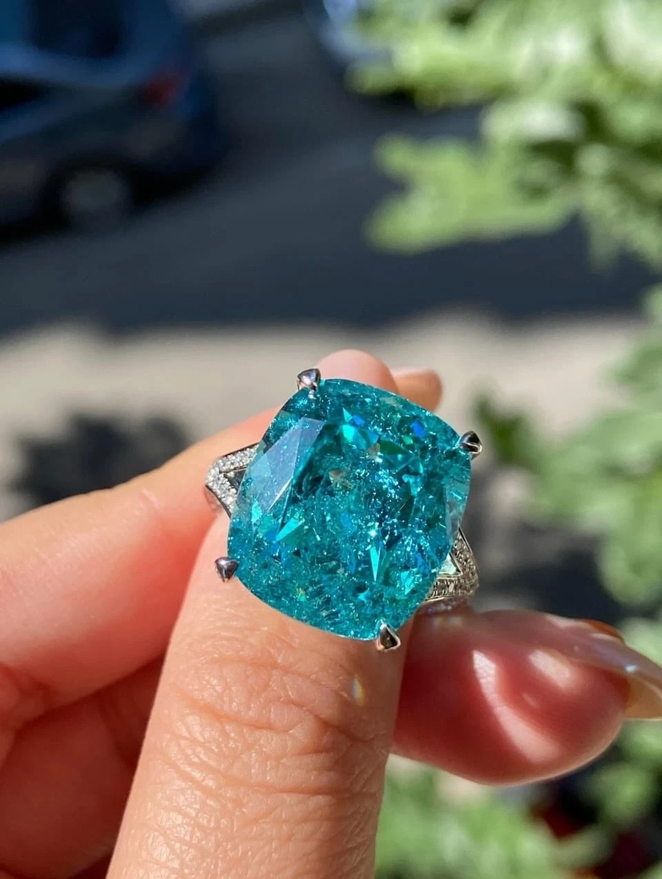 5.59 CTW Premium Cushion Paraiba Tourmaline & Diamond Ring Solid 18K White Gold