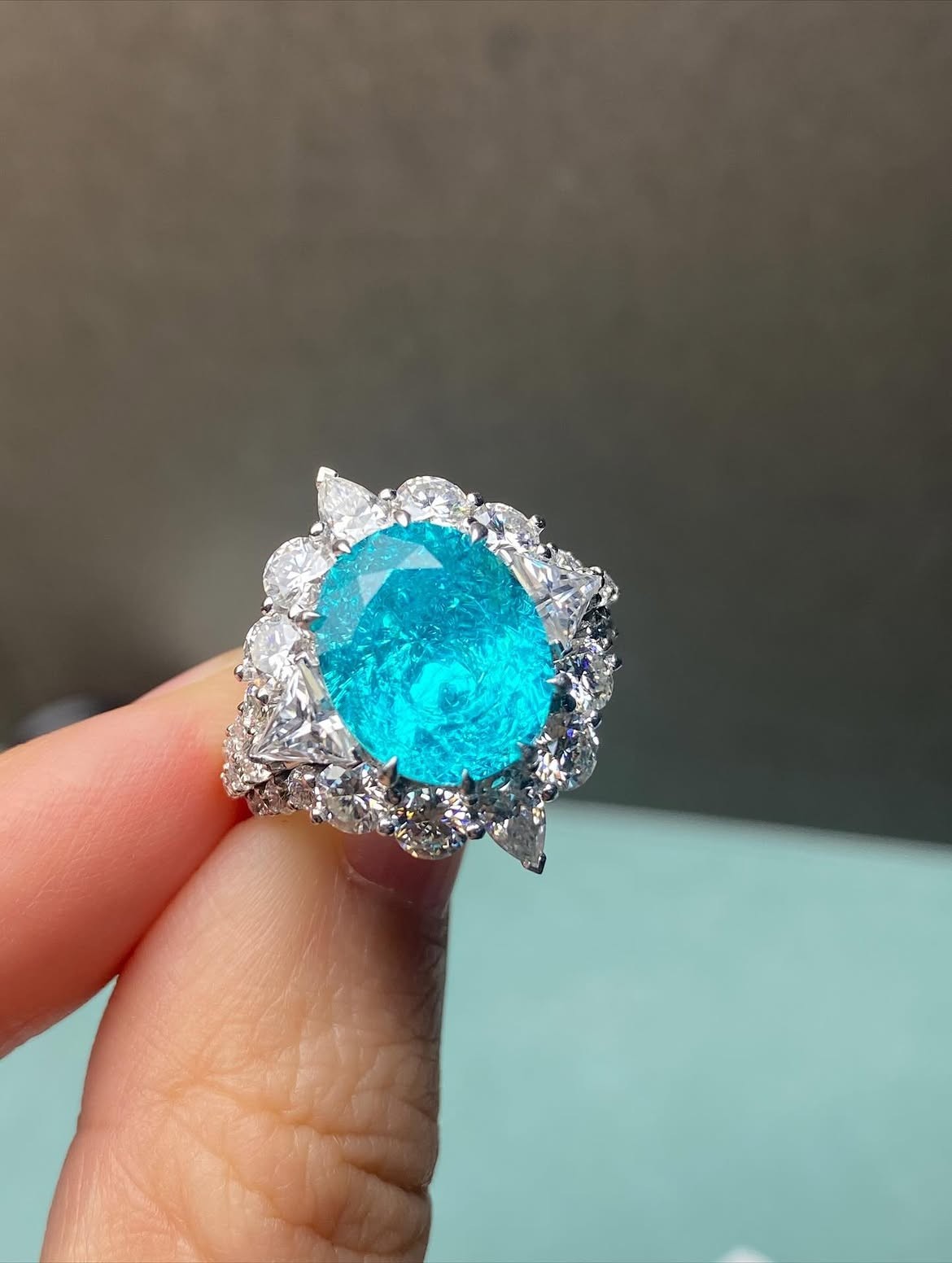 4.45 CT Oval Cut Paraiba Tourmaline & Diamond Engagement Ring 14K White Gold