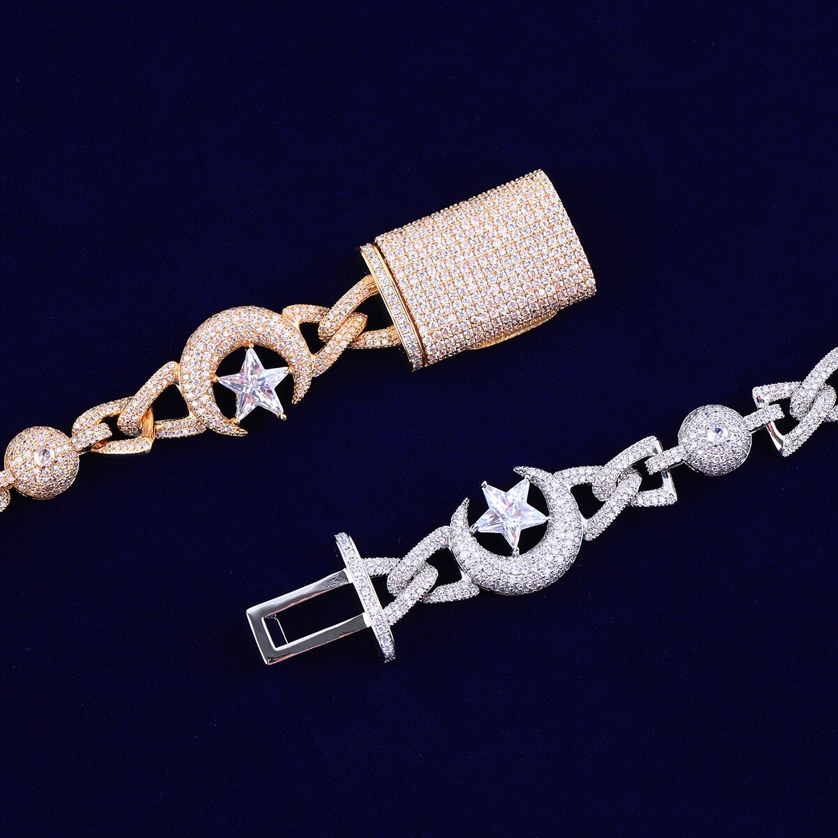 5AAA+ CZ Bling Ice Out Hop Hip Moon Star Cuban Link Chain 14k Real Gold Plated