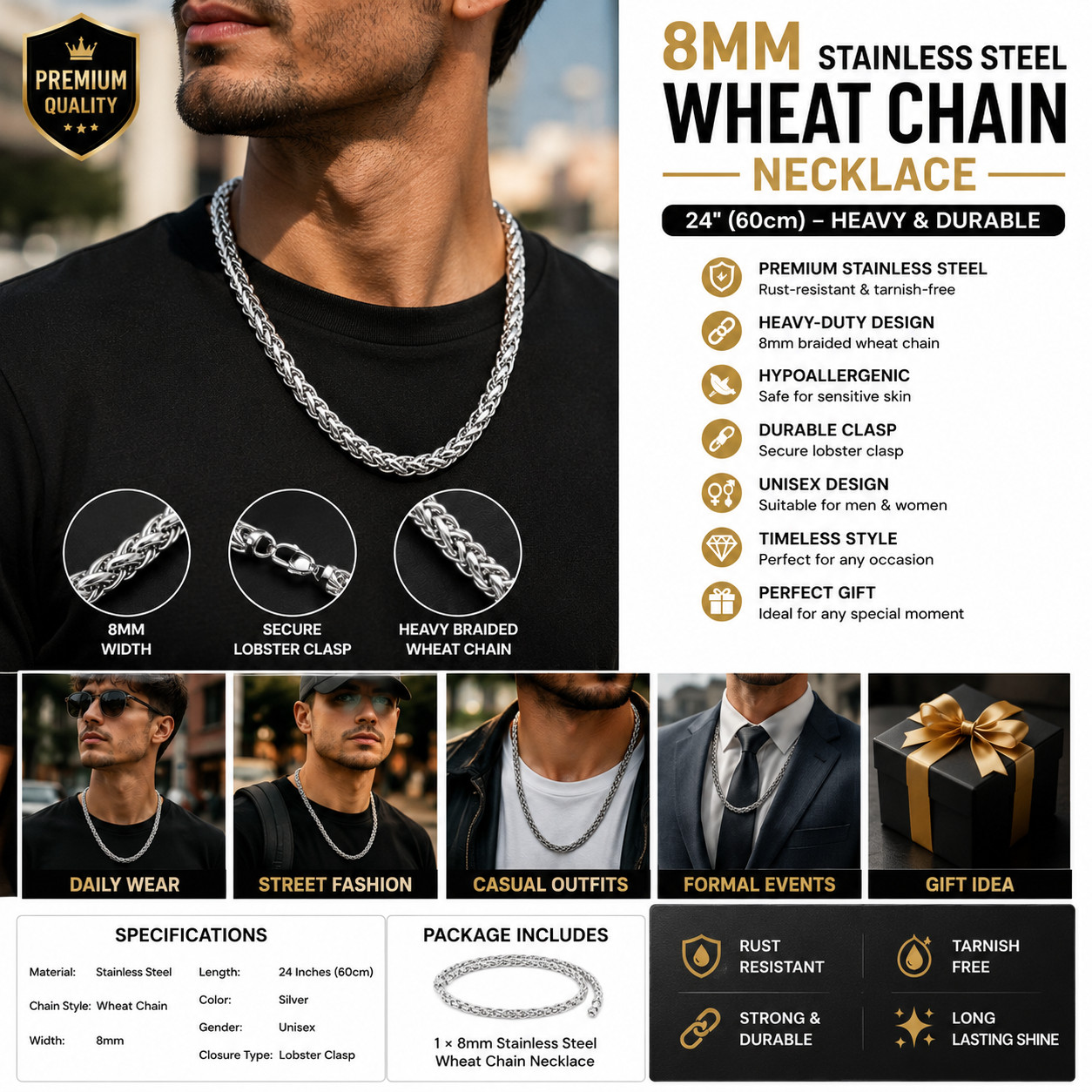 8mm Heavy Braided Wheat Chain for Men – 24” Stainless Steel Necklace | unisex