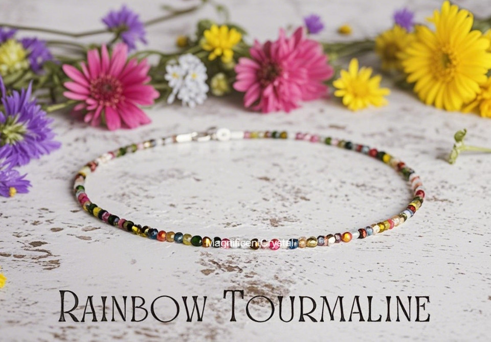 Natural Pink Tourmaline Anklet Multicolor Stone Jewelry Summer Beach Bracelet