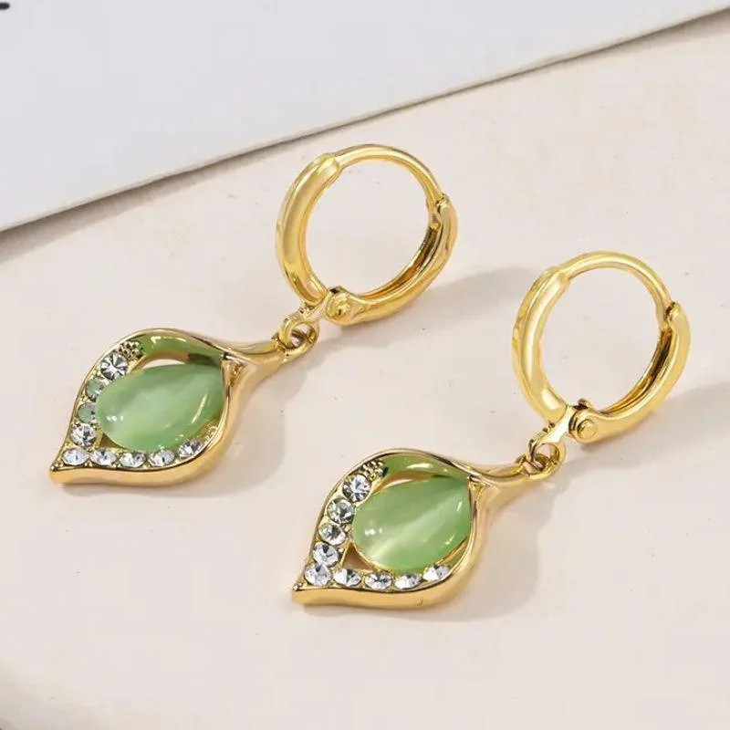 Women’s Gold Hoop Earrings Green Crystal Drop Dangle Elegant Fashion Jewelry New