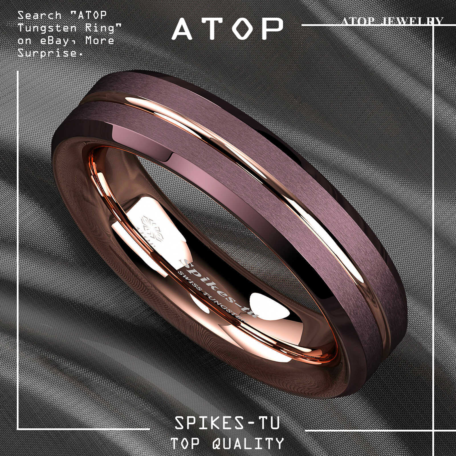 8/6mm Plated Metal Tungsten Mens Ring Rose Gold Groove Stripe ATOP Wedding Band