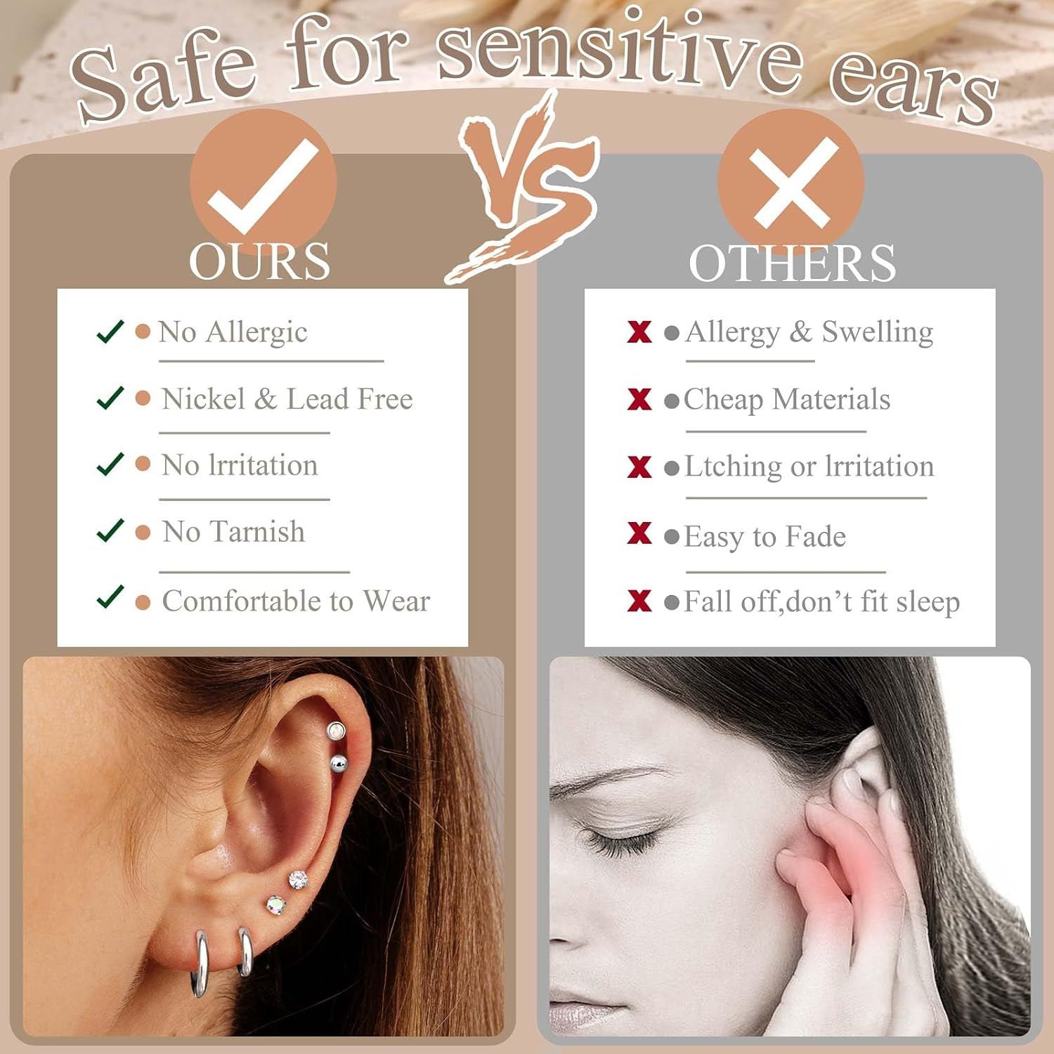Hypoallergenic Flat Back Stud Earrings for Women Men Surgical Stainless Steel Ea