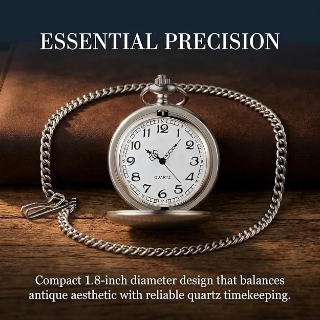 Smooth Vintage Pocket Watch with Chain, Arabic Numerals Scale Mens