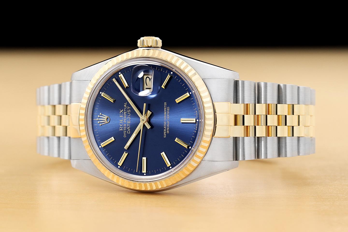 ROLEX MENS DATEJUST 16233 BLUE DIAL 18K YELLOW GOLD STEEL JUBILEE BAND WATCH